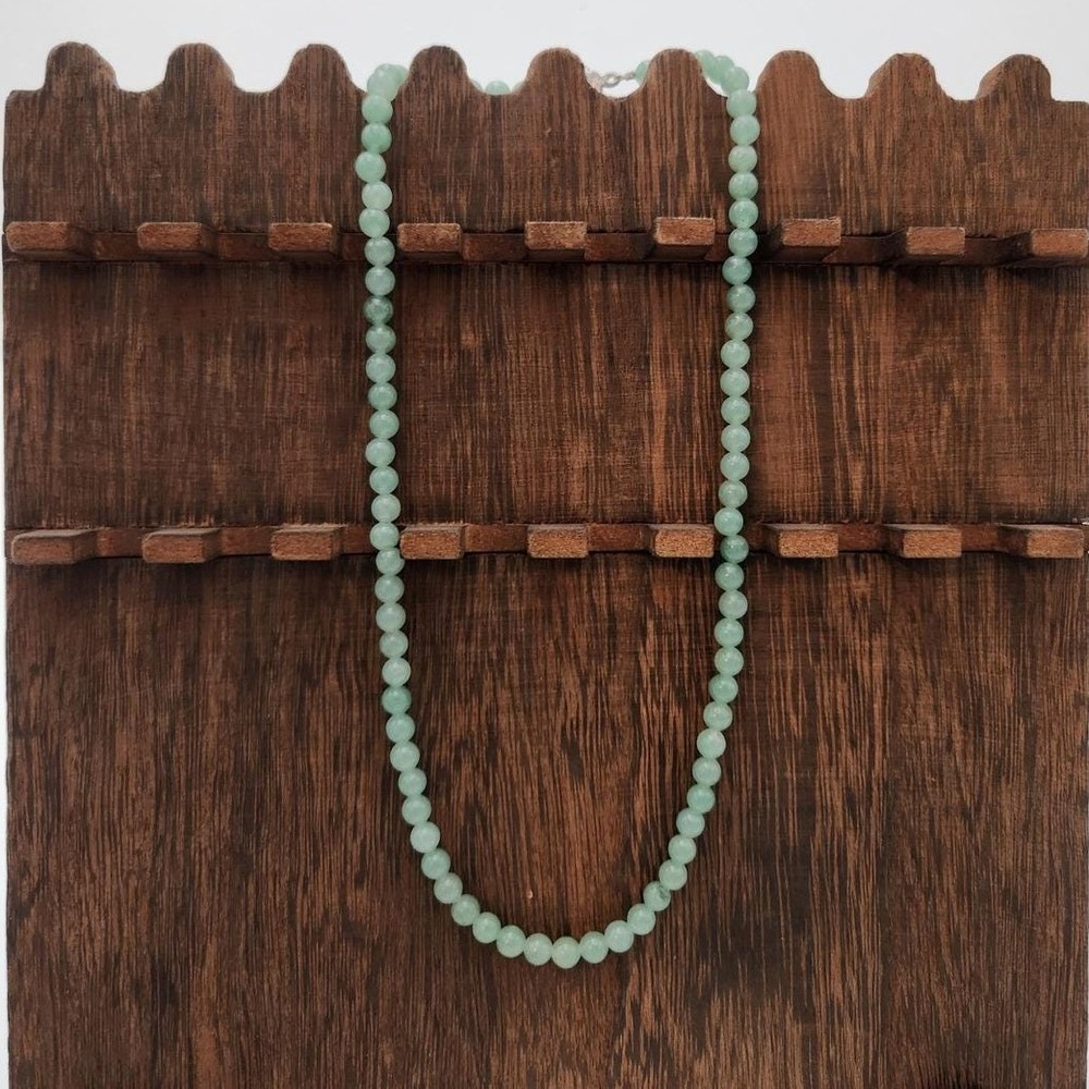 Vintage 6mm Green Jade Bead Necklace Sterling Silver Floral Toggle Clasp 28.4g